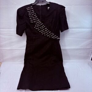 Vintage Black Linen Pearl Studded Sheath Dress Short Sleeve 80s 90s Size 14 4851